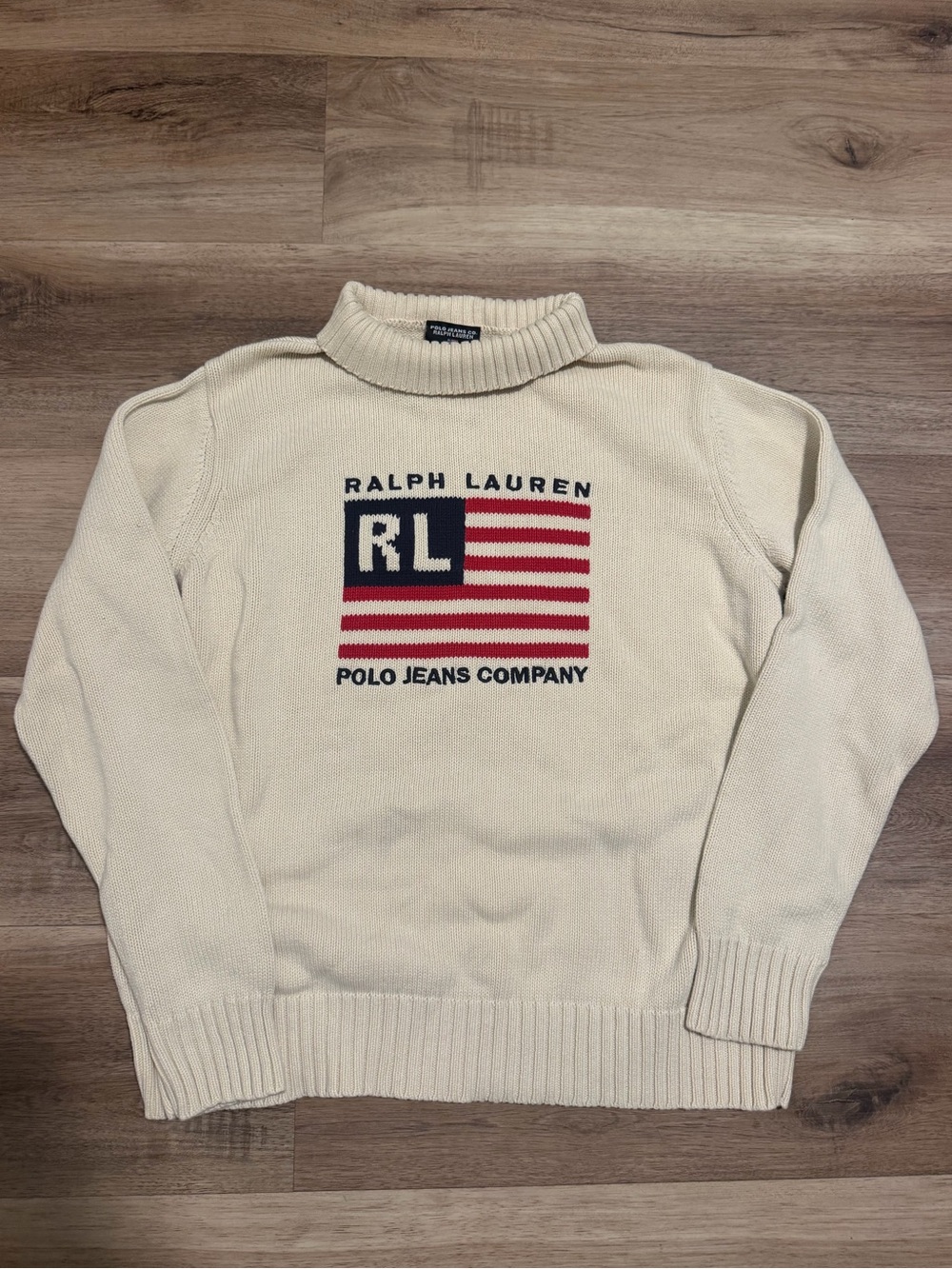 Vintage Polo Ralph Lauren Jeans Co American Flag Sweater Womens L Roll Neck Mock